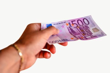 Yüksek Değerli Para ve Finansal İşlem 'in 500 Euro' luk Banknotunu Elle Tutma. Bu fotoğraf Avrupa finansmanını ve yüksek meblağlı nakit ödemelerini gösteriyor.