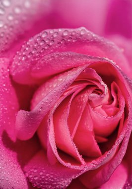 Su damlacıklarıyla kaplı Taze Çiçek Yaprakları Makrosuyla Sersemletici Pembe Gül. Romantik Çiçek Doğası Arkaplanı 