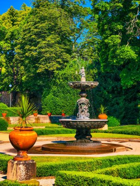 Ortasında yemyeşil ve zarif terakotta kaplarıyla çevrili klasik taştan bir çeşme olan bahçe sahnesi. Sakin su akışı sakin bir atmosfer yaratıyor, rahatlamak için mükemmel. 