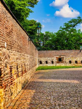 Tarihsel Embriyolar: Ortaçağ Kalesi 'nin Büyüleyici Tuğla Yapısı Etrafı Lush Yeşillik ve Güzel Mavi Gökyüzü ile çevrili