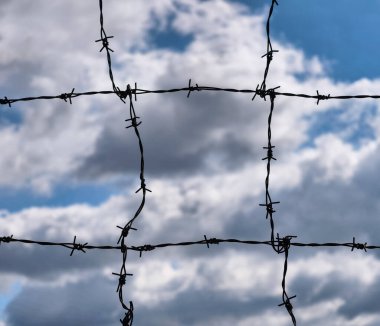 Etkileyici Dikenli Çit Dramatik Gökyüzüne Karşı, Sembolik Sınırlar, Güvenlik ve Çarpıcı Görüntü 'de Doğa. Pazarlama Tasarım ve Sunum Şablonu için mükemmel