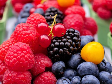 Renkli Berry Medley: Canlı Yüksek Çözünürlüklü Duvar Kağıdı, Sosyal Medya ve Dijital Tanıtımlar İçin Taze Ahududu, Yaban mersini ve Böğürtlen