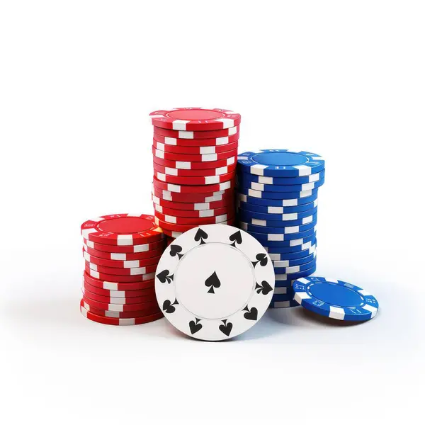 Poker fişleri beyaz arka planda düzenli bir yığın halinde düzenlenir. Kumarı, kumarhaneyi ve bahis konseptlerini sembolize eder..