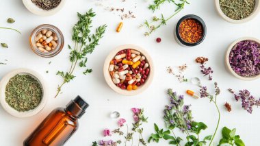 Natural health composition with herbs, capsules, oils, and dried flowers on a white background. clipart