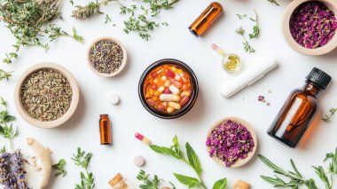 Beyaz arka planda bitkiler, kapsüller, yağlar ve kurumuş çiçeklerle doğal sağlık kompozisyonu.