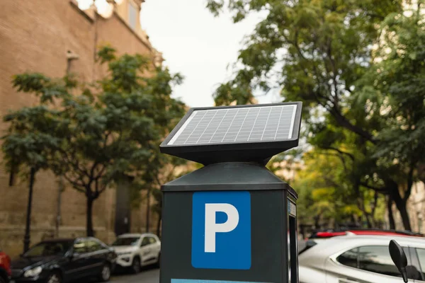 Parking machine equipment with solar cell battery for recharging from solar energy light. Electronic payment parking car machine. Krakow, Poland