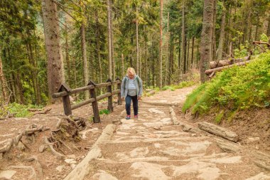 Adam ve 50 'li yaşlardaki kadın dağda ıslak kayalıklarda yürüyüş yapıyor. Babia Gora Polonya