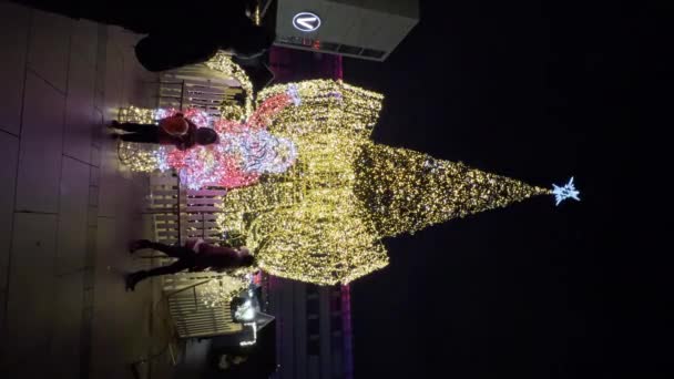 Χριστουγεννιάτικη Αγορά Στο Στρασβούργο Ψηλό Όμορφο Φωτισμένο Δέντρο Στην Πλατεία — Αρχείο Βίντεο