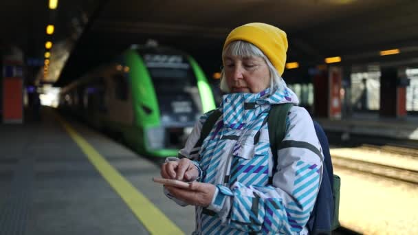 電車の駅でスマートフォンを使って旅行する女性 ターミナルや駅で携帯電話アプリで搭乗時間を確認する白人旅行者 休暇中の観光客 — ストック動画