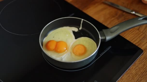 Fried Eggs Pan Broken Egg Falls Frying Pan High Quality — Wideo stockowe