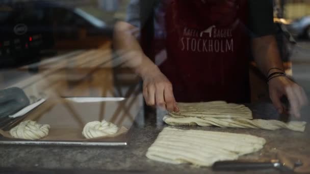 Female Hand Greasing Cinnamon Rolls Yolk Homemade Pastry Baking Sheet — Stockvideo