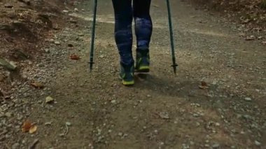 Hiking shoes on hiker outdoors walking at mountain forest. Woman on hike trekking in nature. Close up of female hiking boots in action. 