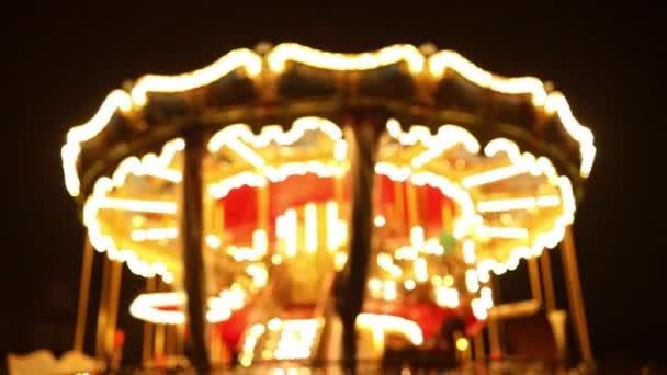 Old Carousel Park Three Horses Plane Traditional Fair Carousel Night — 图库视频影像