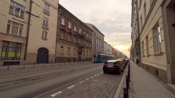 Krakow Polen Januari 2023 Modern Elektrisk Spårvagn Som Kör Gatorna — Stockvideo