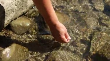 4k Hand touching water in the green forest river or lake. Travel enjoying feel the nature and life 