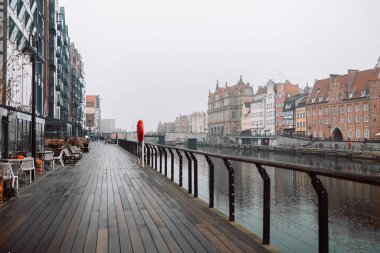 Beautiful Gdansk over the Motlawa river at fog. Poland. High quality FullHD footage