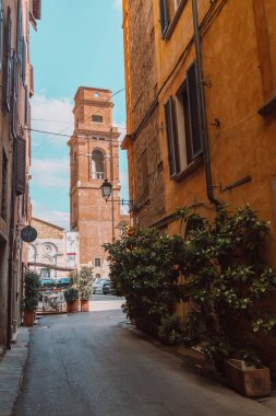 Pisa, İtalya, Avrupa 'da küçük bir taşra kasabasında çiçek saksıları olan güzel bir İtalyan caddesi. Yüksek kalite fotoğraf