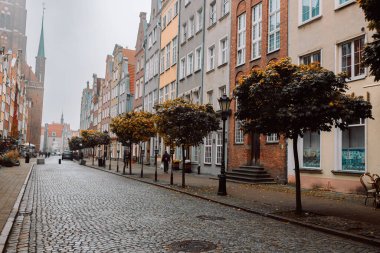 Polonya 'nın eski Gdansk kasabasında sonbahar sabahı sokağı. Yüksek kalite fotoğraf