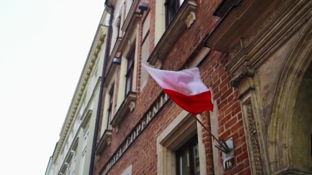 Lengyel Zászló Lobogott Szélben Lengyel Zászló Zászlórúdon Egy Régi Épületen — Stock videók