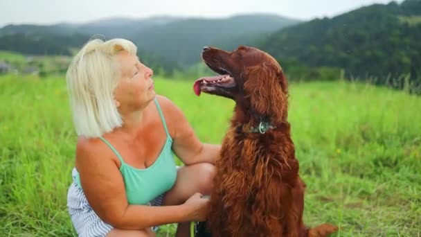 美しい景色を見て山の中でアイルランドセッター犬と女性の老婦人ハイカー 高品質のフルHd映像 — ストック動画