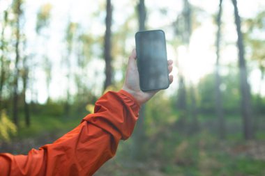 Bir sonbahar ormanında yürüyüş yapan bir kadın akıllı bir telefondan kolunu kaldırmış bir telefon yakalıyor. Yürüyüşçü akıllı telefondan bir cep telefonu ağı arıyor. Yüksek kalite fotoğraf