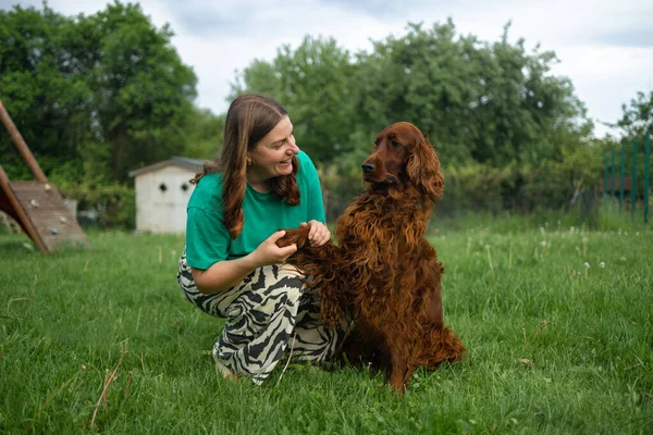 Кавказька Жінка Обіймає Ірландського Собаку Сеттер Милий Милий Червоний Собака — стокове фото
