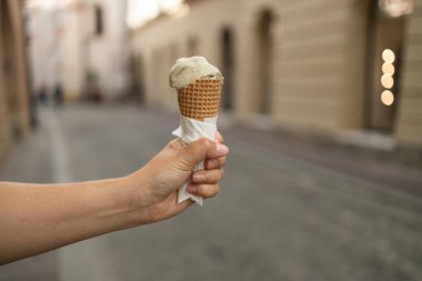 Açık havada waffle külahında lezzetli dondurması olan mutlu genç bir kadın. Mesaj için yer var. Yüksek kalite fotoğraf