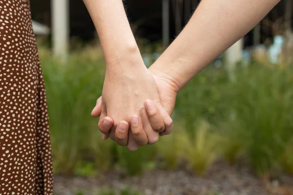 Przycięte Zdjęcie Młodych Azjatyckich Lesbijek Lgbt Trzymających Się Ręce Dumą — Zdjęcie stockowe
