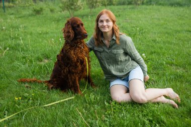 Güzel sarışın, gülümseyen, kot şortlu, mutlu bir kadın camda oturuyor ve yaz parkında günbatımı ışınları tarlasında kızıl, uzun saçlı, sevimli bir köpeği eğitiyor. Evcil hayvan ve hostes