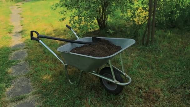 Garden Cart Earth Shovel Stands Lawn — Stock Video