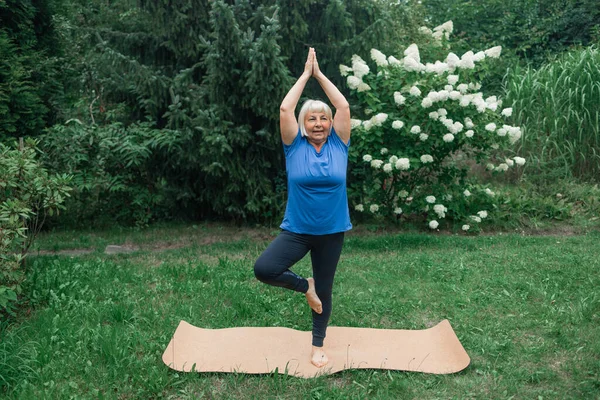 Yoga at park.Full length shot of happy energetic mature 50s woman in casual clothes exercising outdoors, practicing yoga on mat, standing in warrior ii pose. Age, wellness and health. Healthy
