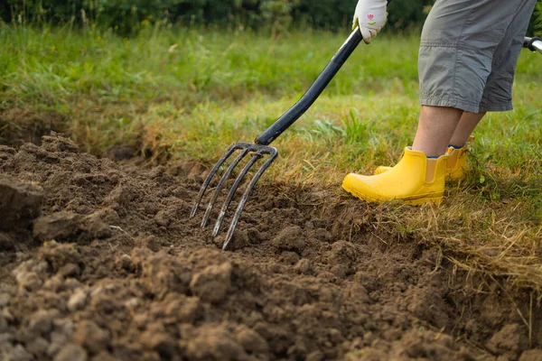 Farmer Cultivating Land Garden Hand Tools Soil Loosening Gardening Concept — Stock Photo, Image