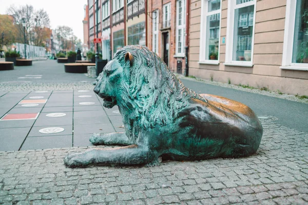 Gdansk, Polonya - 11 Kasım 2022: Eski Gdansk kasabasındaki bronz aslan heykelleri şehir sembolü olarak, Gdansk Poland