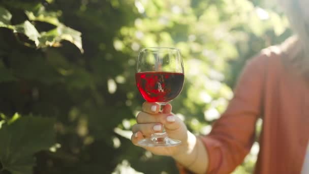 Професійна Жінка Сомельє Тестує Червоне Вино Келиху Дегустацією Запахом Відкритому — стокове відео
