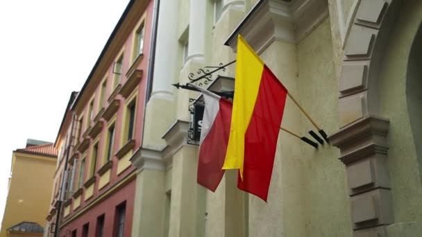 Lege Zijstraat Versierd Met Poolse Vlaggen Authentieke Stedelijke Charme Hoge — Stockvideo
