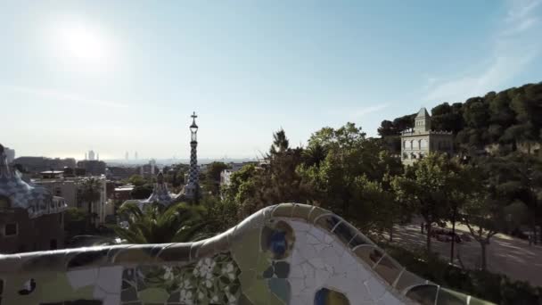 Park Guell Skyline Panorama Van Barcelona Bij Zonsopgang Spanje Hoge — Stockvideo