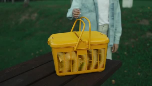 黄色いプラスチック製のピクニックバスケットが付いている少女の手のクローズアップは ピクニックの場所を探して森の公園を歩きます 太陽の光は緑の夏の草の上に落ちる 高品質のフルHd映像 — ストック動画