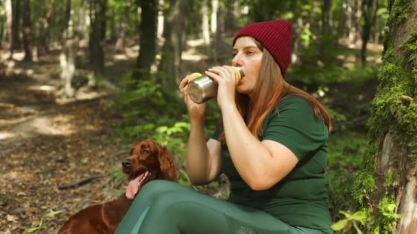 森でアイルランドのセター犬とベンチで紅茶を飲むサーモスとの若い女性観光客 山でのハイキング中にリラックス 高品質のフルHd映像 — ストック動画