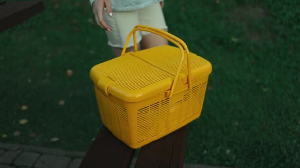 Close Uma Jovem Mão Com Cesta Piquenique Plástico Amarelo Caminha — Vídeo de Stock