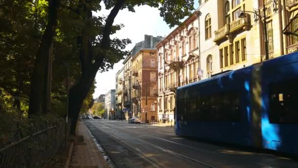 Tram Straat Van Oude Stad Krakau Polen Stadsgezicht Met Polish — Stockvideo