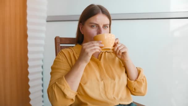 Attraktive Friedliche Verträumte Frau Mit Tasse Genießen Teegetränk Morgens Belebendes — Stockvideo