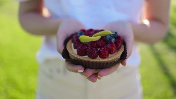 Kobieta Trzyma Małe Domowe Ciasto Czekoladowe Jagodami Zewnątrz Piknik Urodzinowy — Wideo stockowe