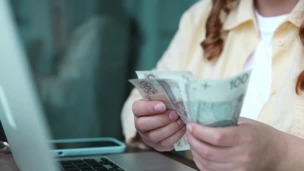 Udane Bizneswoman Licząc Dużo Złotych Banknotów Gotówkowych Liczenie Banknotów Polsce — Wideo stockowe