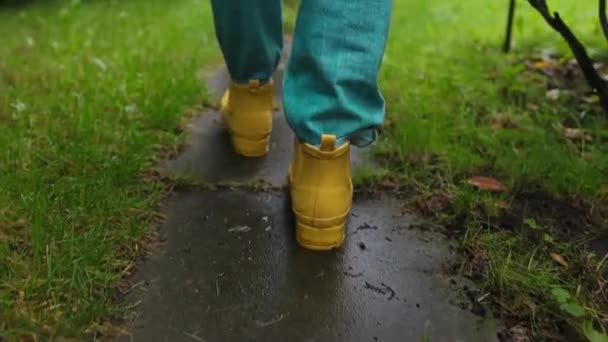 緑の美しい庭に黄色いゴム製ブーツの女性の足の閉鎖 地面の木の板にガーデニングブーツ 高品質のフルHd映像 — ストック動画