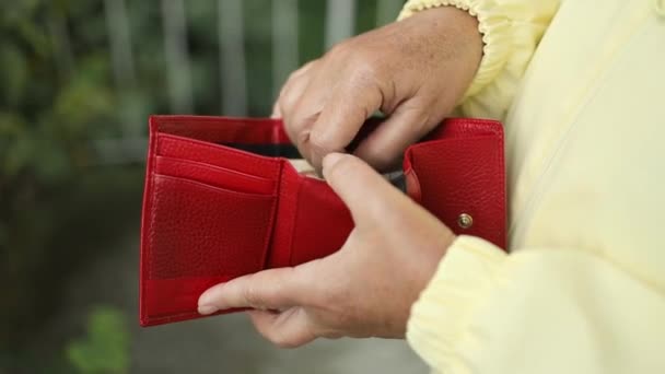 シニアは 支払いのための財布とバティーの紙幣を手に持っています スーツの女性は財布から彼女のお金を引き出します 高品質のフルHd映像 — ストック動画