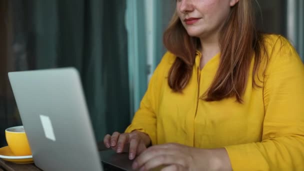 商务女性专业用户的女性手使用笔记本电脑键盘打字 午饭时间坐在咖啡店里 与Pc软件应用技术理念在线合作 闭合侧视图 — 图库视频影像