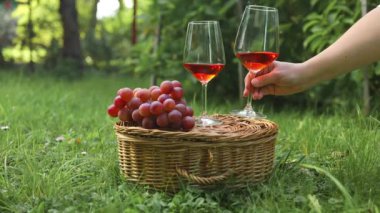Polonya 'nın sonbahar bağında bir piknik sepetinde iki bardak ve bir şişe gül şarabı ile piknik. Hasat zamanı. Yüksek kaliteli FullHD görüntüler