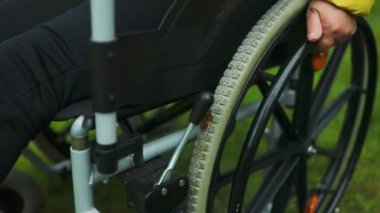 Üst düzey kadın tekerlekli sandalyede otururken dışarıda eğleniyor yüksek kalite FullHD görüntüler.