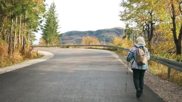 落ちる バックパッカーの女性は 秋の間に山の道を歩いて楽しんでハイキングしています ヨーロッパ ポーランドでの冒険旅行 健康的なライフスタイル — ストック動画