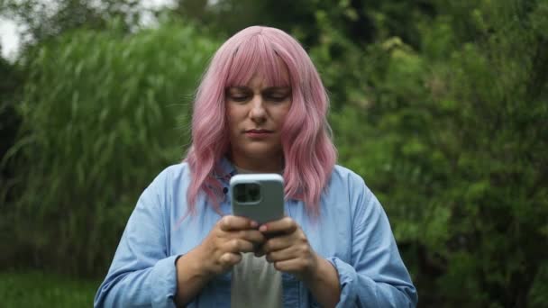 Portrait Sad Woman Checking Online Mobile Phone Waiting Message Outdoors — Stock Video